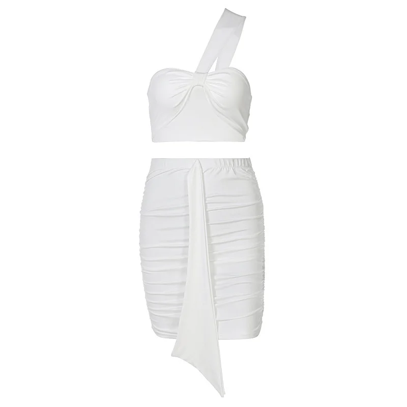 Новое поступление 2021 летний белый укороченный топ на одно плечо и юбка Quanss