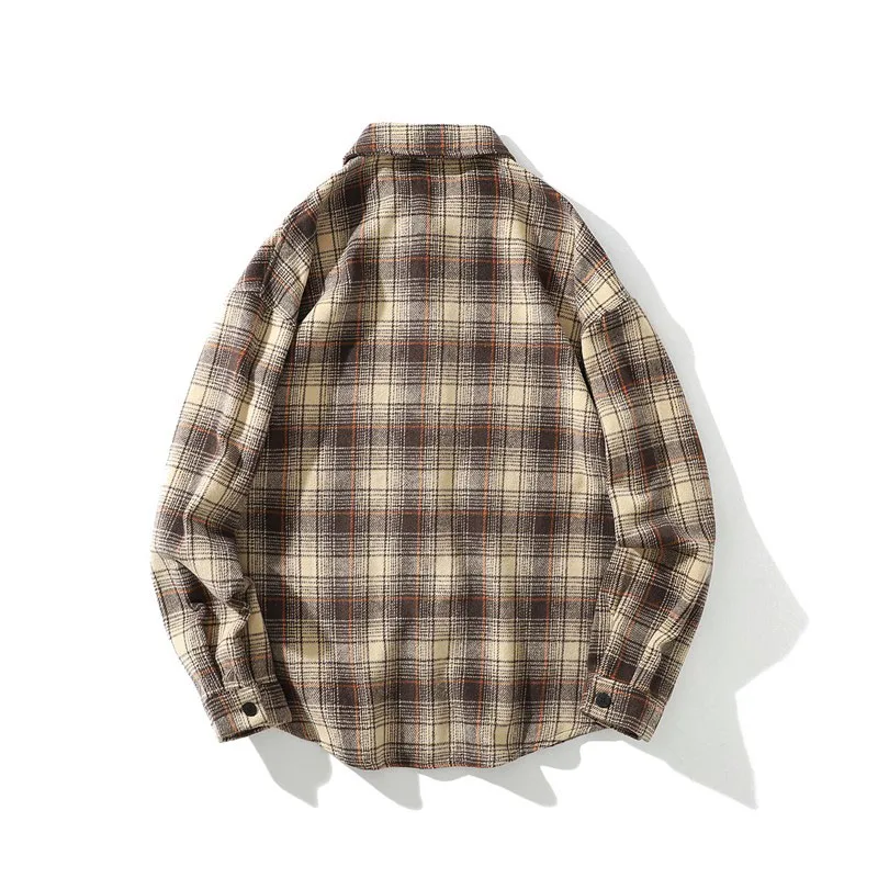 Men Shirt Thick 2021 New Arrival Spring And Autumn Pocket Checkered Loose Stripe Male Shirt Korean Style Green Khaki S132