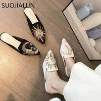 suojialun women slippers pointed toe slip on half slippers fashion embroider mules autumn outdoor casual ladies sandals slides