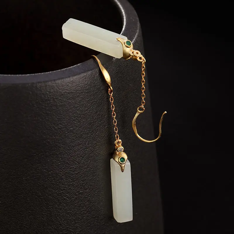 

Natural Hetian Jade White Jade Chinese Earrings S925 Sterling Silver Eardrops Simple Elegant Rectangular Classical Ear Hook