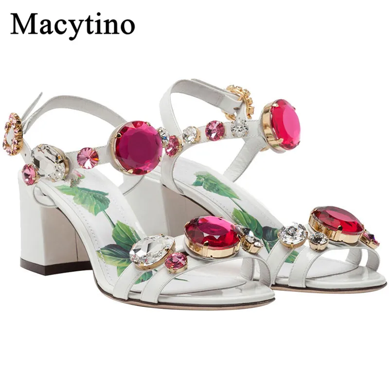 

Luxury Gemstone Sandals Summer Block Heel Open Toe T-strap Formal Shoes Women's White Leather Sandals