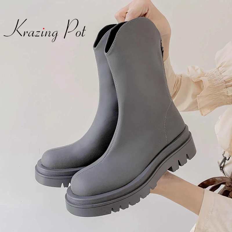 

krazing pot big size Korean street genuine leather round toe thick bottom Chelsea boots pretty girls dating mid-calf boots L83