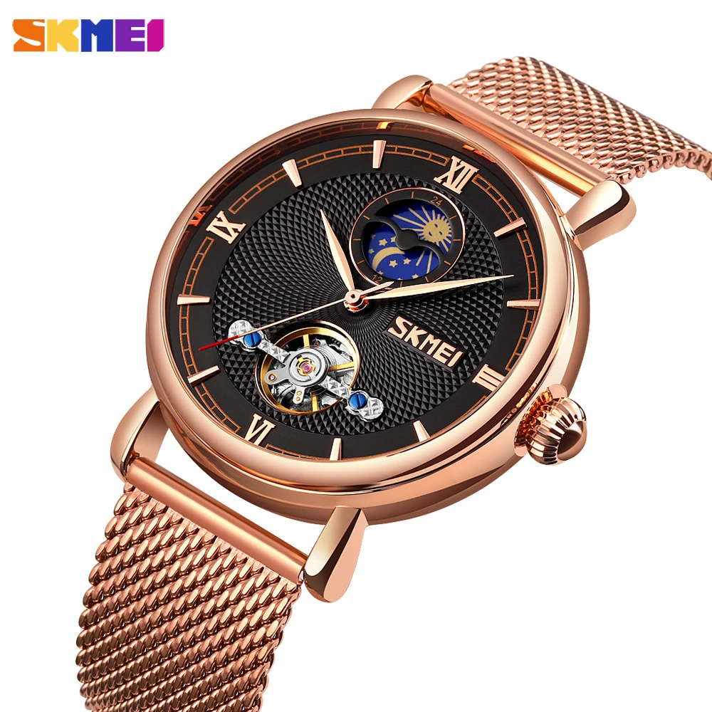 

Часы наручные SKMEI Мужские кварцевые автоматические, деловые Роскошные водонепроницаемые с Лунной фазой, с браслетом из нержавеющей стали
