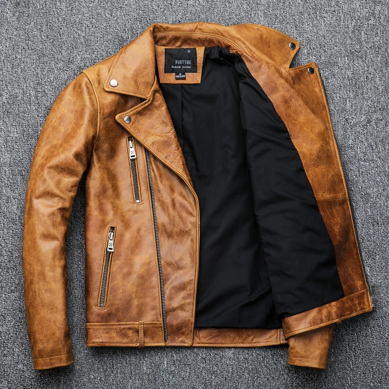 Мужская мотоциклетная куртка из натуральной кожи желтая вощеной коровьей KJ1914 2020