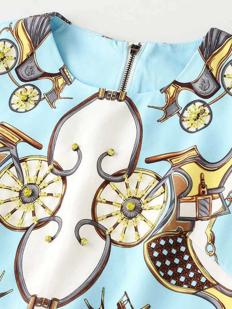 

New Fashion Runway Dresses Women High Quality Elegant Beading Blue Printed Sleevless Vest Dresses