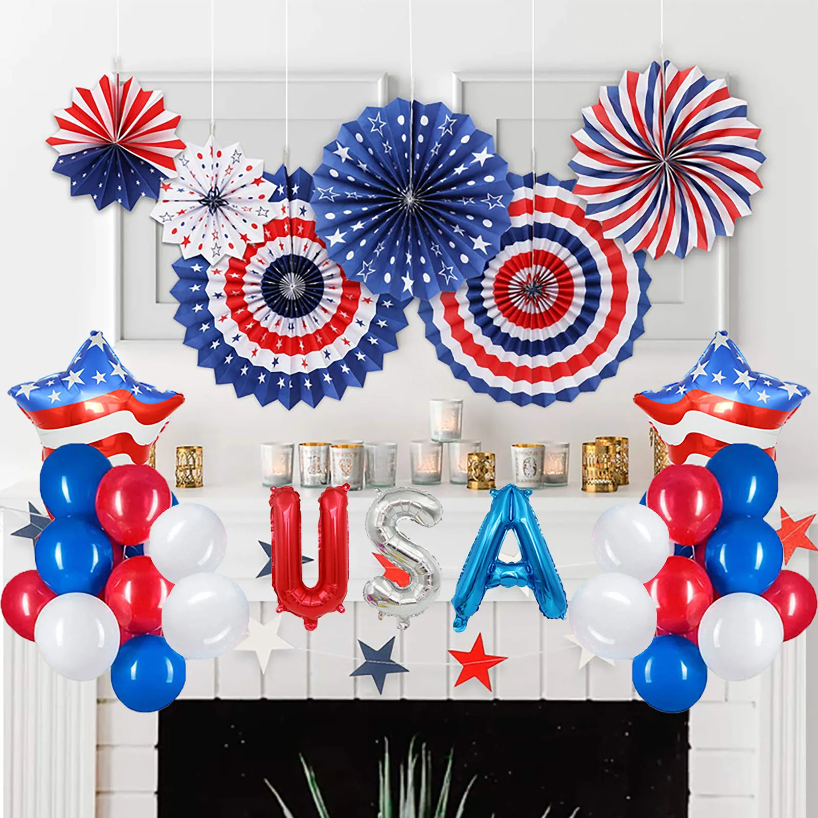 

Usa Independence Day Holiday Aluminum Foil Balloons Five-pointed Star Flag Paper Fans American Independence Day Decoration