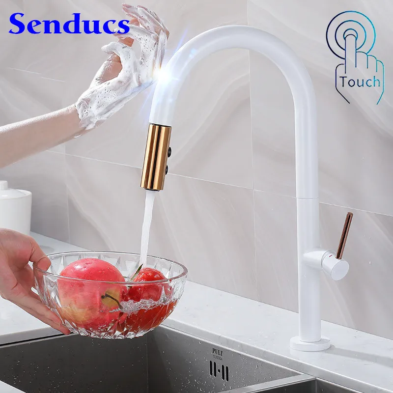 

Smart Touch Kitchen Faucets with Pull Down Sprayer Hot Cold Kitchen Tap White Gold Sensor Kitchen Faucet Pull Out Mixer Faucets
