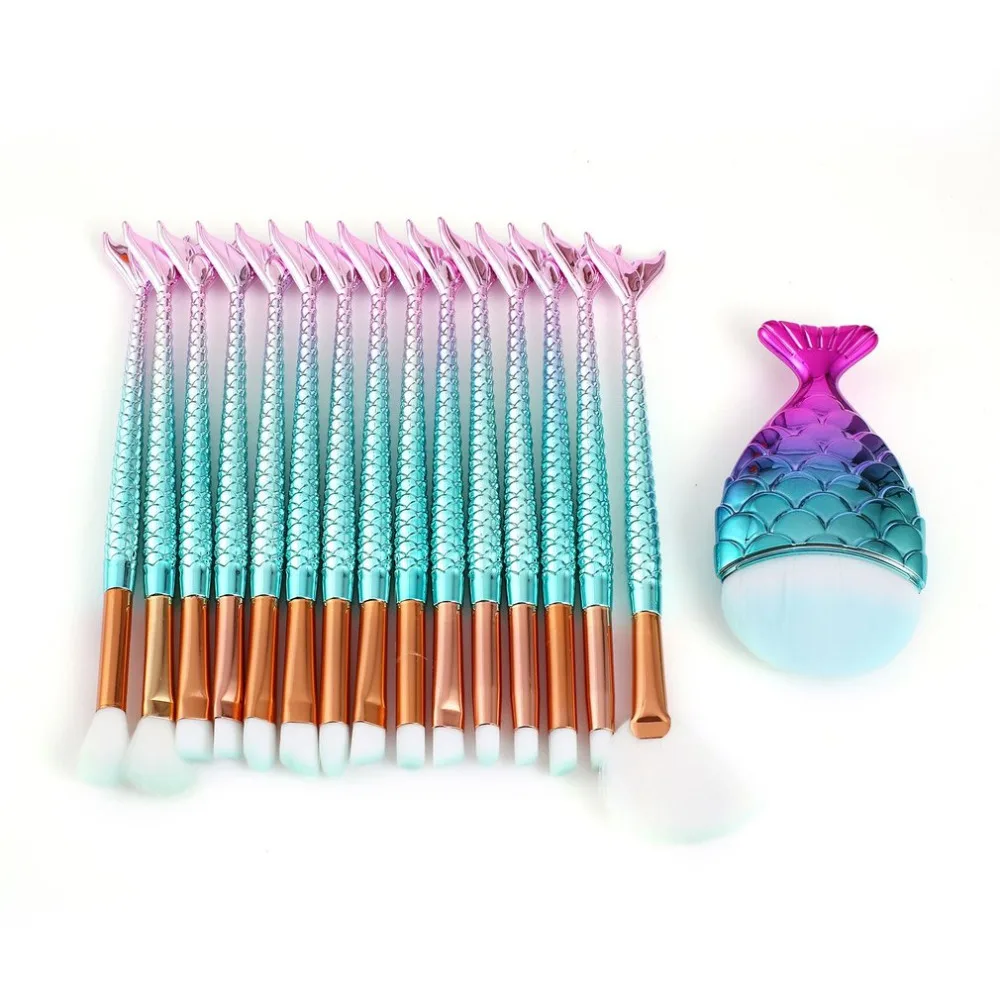 

Набор цветных косметических кистей для макияжа лица в форме рыбьего хвоста, нейлоновые кисти для основы под макияж, пудры, теней, инструмент...