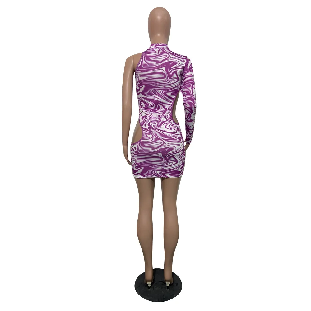 

Adogirl Woman Fashion Print Bodycon Dress One Shoulder Long Sleeve Waist Hollow Out Night Club Wear Vestidos Plus Size S-XXL