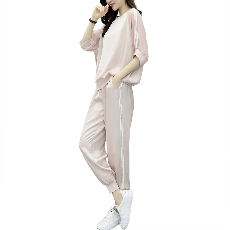 

2020 Summer New Fashion Casual Pink Sports Suit Loose Round Neck T-shirt Jacket Was Thin Harem Pants Two-piece Suit Female