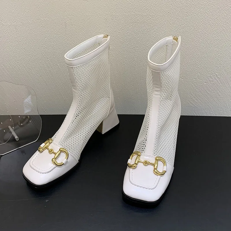 

2021 New Superfine fiber Women Ankle Boots Fashion Net Mesh Peep Toe High Heel Women Shoes Zipper Ladies Casual Party Shoes