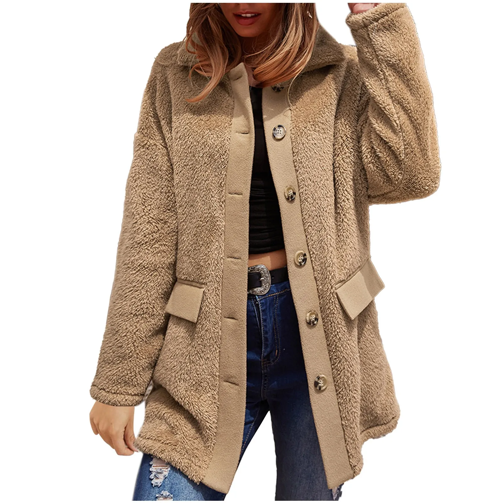 

Women's Fashion Streetwear Solid Single Breasted Loose Long Sleeve Turn-Down Collar Plush Long Coat куртка зимняя женская