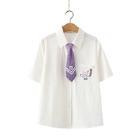 summer harajuku kawaii cat white blouse women cute long sleeve tops girls button down bow tie front shirt collar school uniform