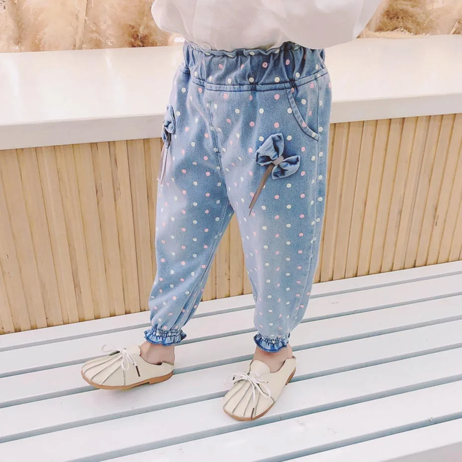 Джинсы для девочек с узором в горошек детские джинсы бантом одежда маленьких от 12