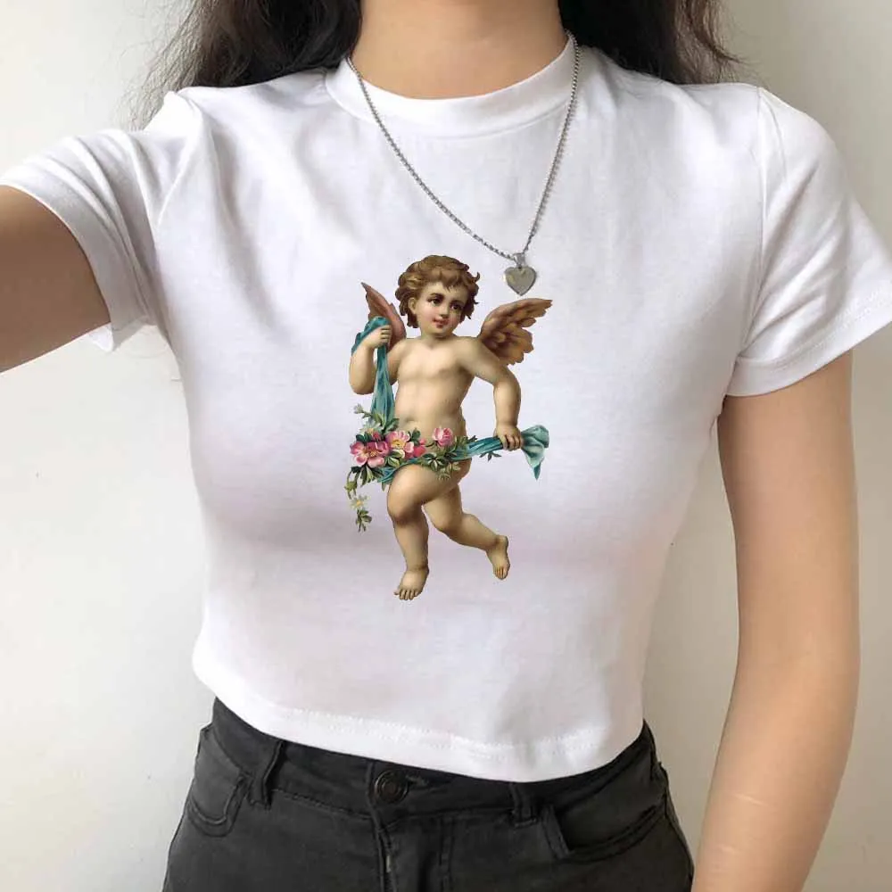 

Korean Harajuku Women Summer T Shirt Sexy Cotton Tee Angel Print Crop Tops Shirt Girls Retro Casual Short Sleeve Camisetas Mujer