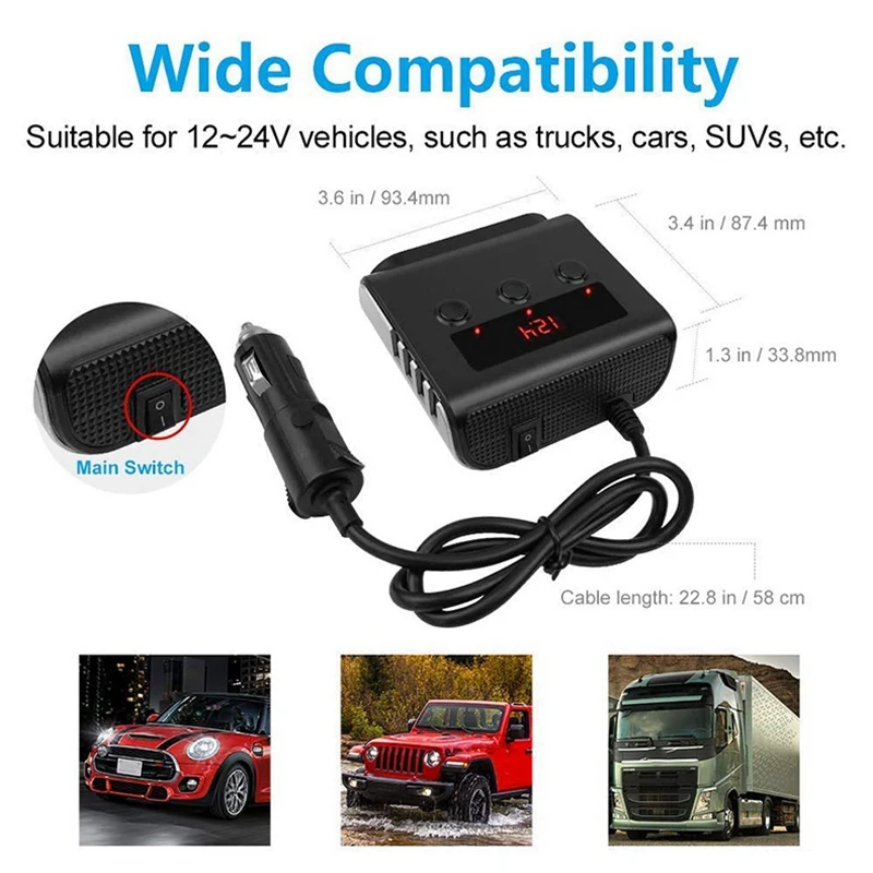 

Car Charger Splitter 12V/24V 100W Car Power Outlet with Switch Voltage Display 4 USB Ports Car Charger Adapter