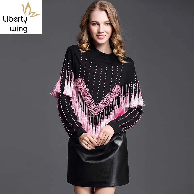 Женский подиумный кроп Топ с длинным рукавом Роскошный топ бахромой и жемчужными