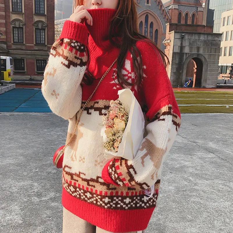 Женский Рождественский свитер со снежинками оленями водолазка свободный