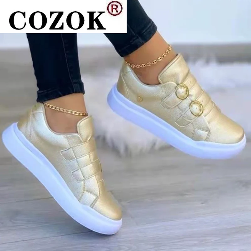 

Женские кроссовки на плоской подошве, универсальные повседневные кроссовки с круглым носком и двойной пряжкой, модная удобная обувь без шн...