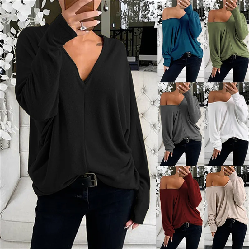 

2021 Spring Solid Color Thin T Shirts Plus Size Sexy Off Shoulder V-Neck Loose Tee Tops Basic Long Sleeve Casual Women T Shirt