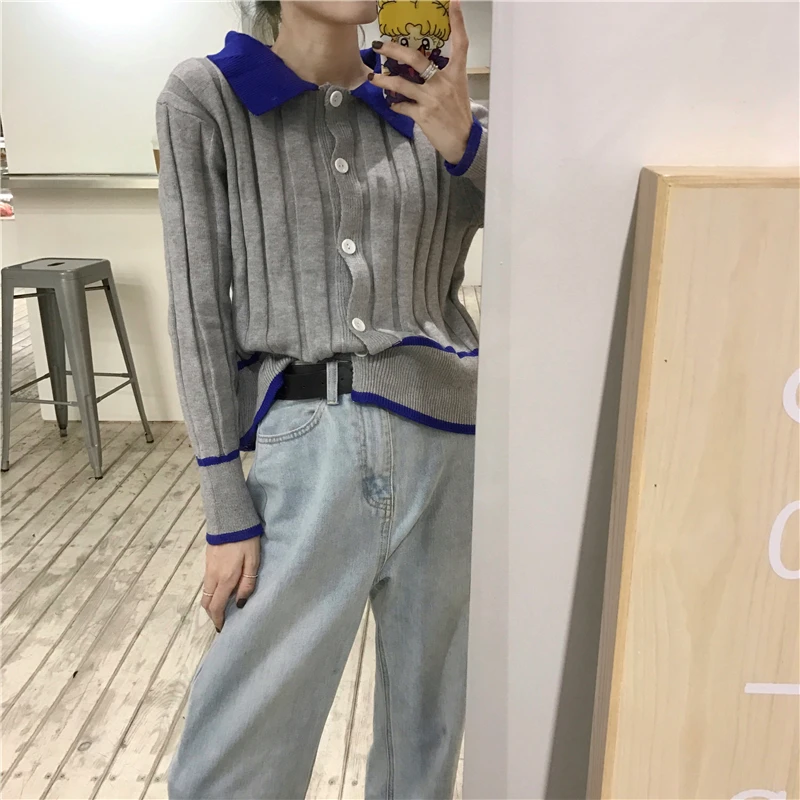 

Women's Clothing Harajuku style sweet knitted turn-down collar cardigans tops single breasted Spring and autumn Sweaters hot