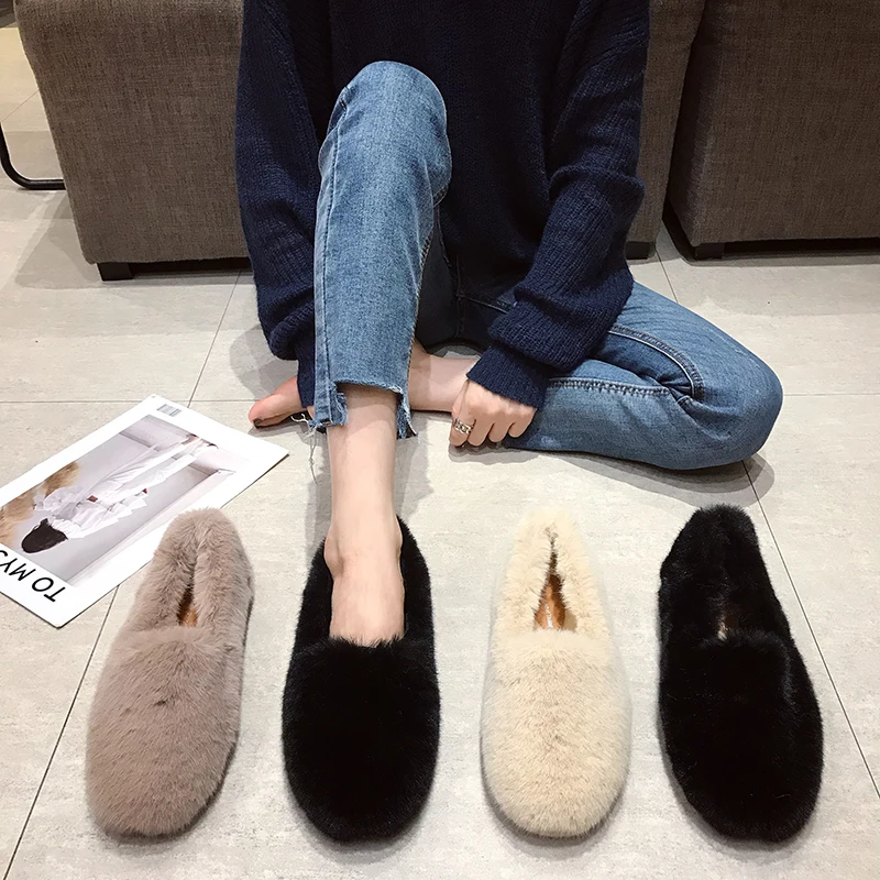 Мокасины женские из искусственного меха домашняя обувь плюшевые меховые лоферы