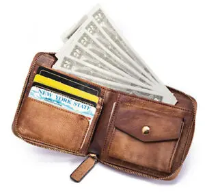 

Hardware Cowhide Clutch Purse Women's Retro Zipper Multi-functional Wallet Short pure color