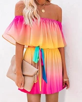 womens gradient color dress slash neck tie dye off shoulder ruffles vintage casual dresses mini dress elegant fashion dress