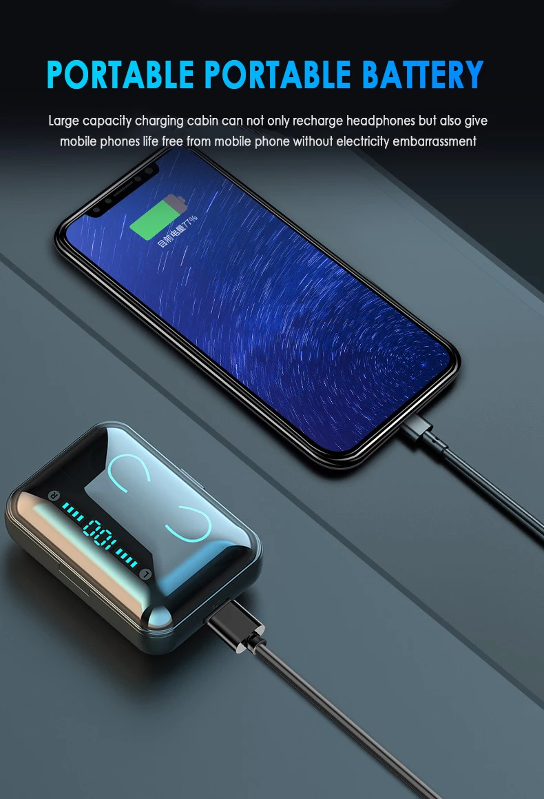 Mr NEW TWS F9-5, беспроводной светодиодный дисплей, гарнитура, Bluetooth V5.0, наушники, стерео наушники, наушники с микрофоном, 2000 мА/ч, Powerbank