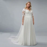 floor length white tulle bridal dresses with 34 sleeves v neck backless plus size wedding gown %d1%81%d0%b2%d0%b0%d0%b4%d0%b5%d0%b1%d0%bd%d0%be%d0%b5 %d0%bf%d0%bb%d0%b0%d1%82%d1%8c%d0%b5 2021 a line