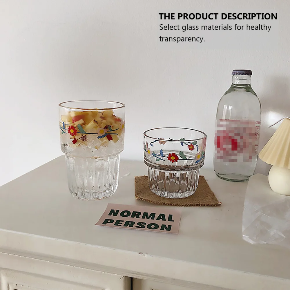 

4Pcs Pastoral Style Cup Daisy Pattern Glass Transparent Coffee Cups for Home