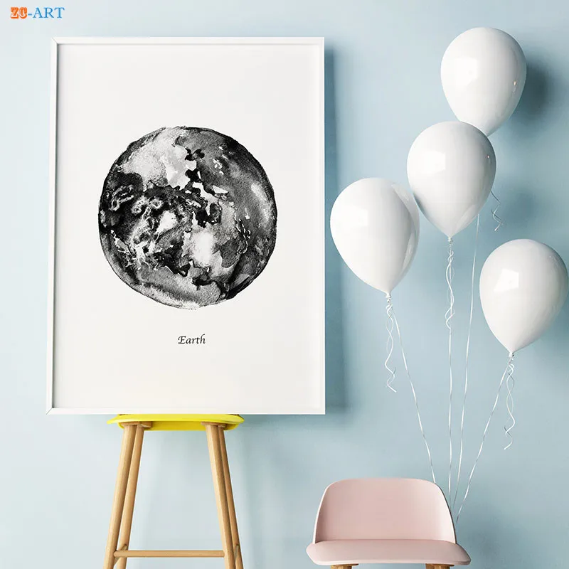 Картина на холсте черно белая луна земля с принтом Настенная живопись настенные