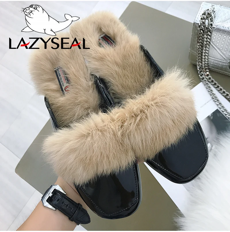 LazySeal туфли без задника с натуральным мехом; женские тапочки с квадратным носом; женские Вьетнамки; женские пушистые шлепанцы; Pantuflas Mujer