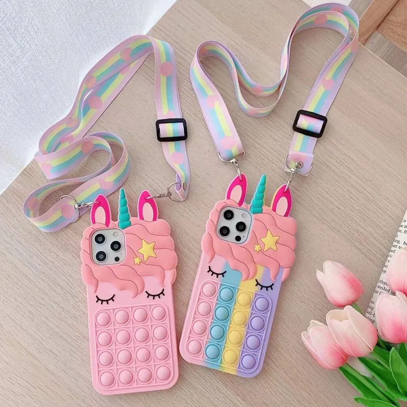 3d cute unicorn lanyard case for xiaomi redmi 9a note 10 9 8 pro 9s 10s poco m3 relieve stress pop push bubble soft phone cover free global shipping