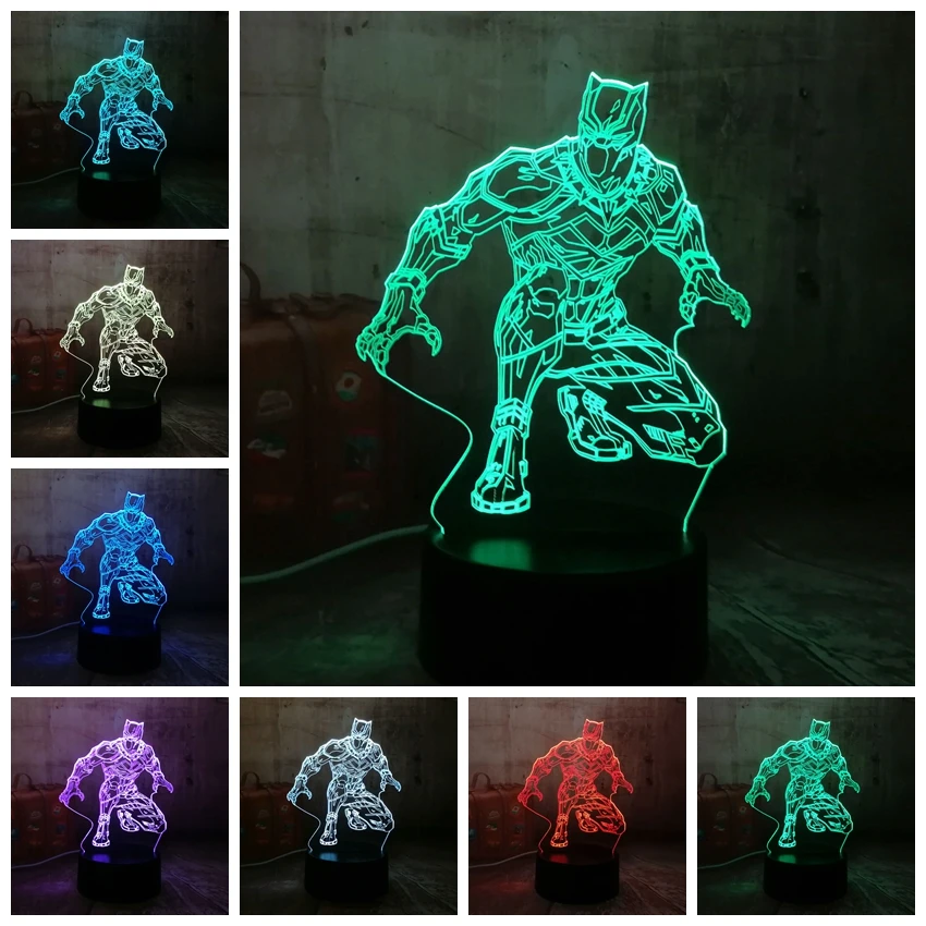 Прохладный черный пантера герой комиксов Marvel 3D светодиодный ночной Светильник RGB 7 цветов Настольная лампа для детей Детская одежда для мальчиков, подарок на Рождество, домашний декор