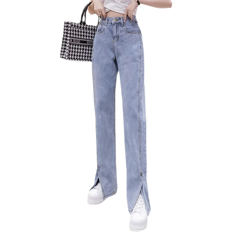 

Slightly Flared Jeans Women's Spring/Summer 2021 New High Waist Slimming Light Color Slim Fit Slit Loose Straight Pants