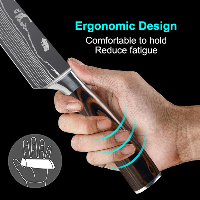 kitchen knives Set 7CR17 440C High Carbon Damascus pattern Chef Knife Sharp Santoku Cleaver Slicing Utility Knives Wooden Handle | Дом и сад
