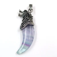 silver plated wolf head fluorite stone pendant for anniversary gift ethnic style jewelry