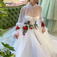 verngo 2021 white dotted tulle a line evening dresses long puff sleeves high neck floral applique elegant prom dress party gown