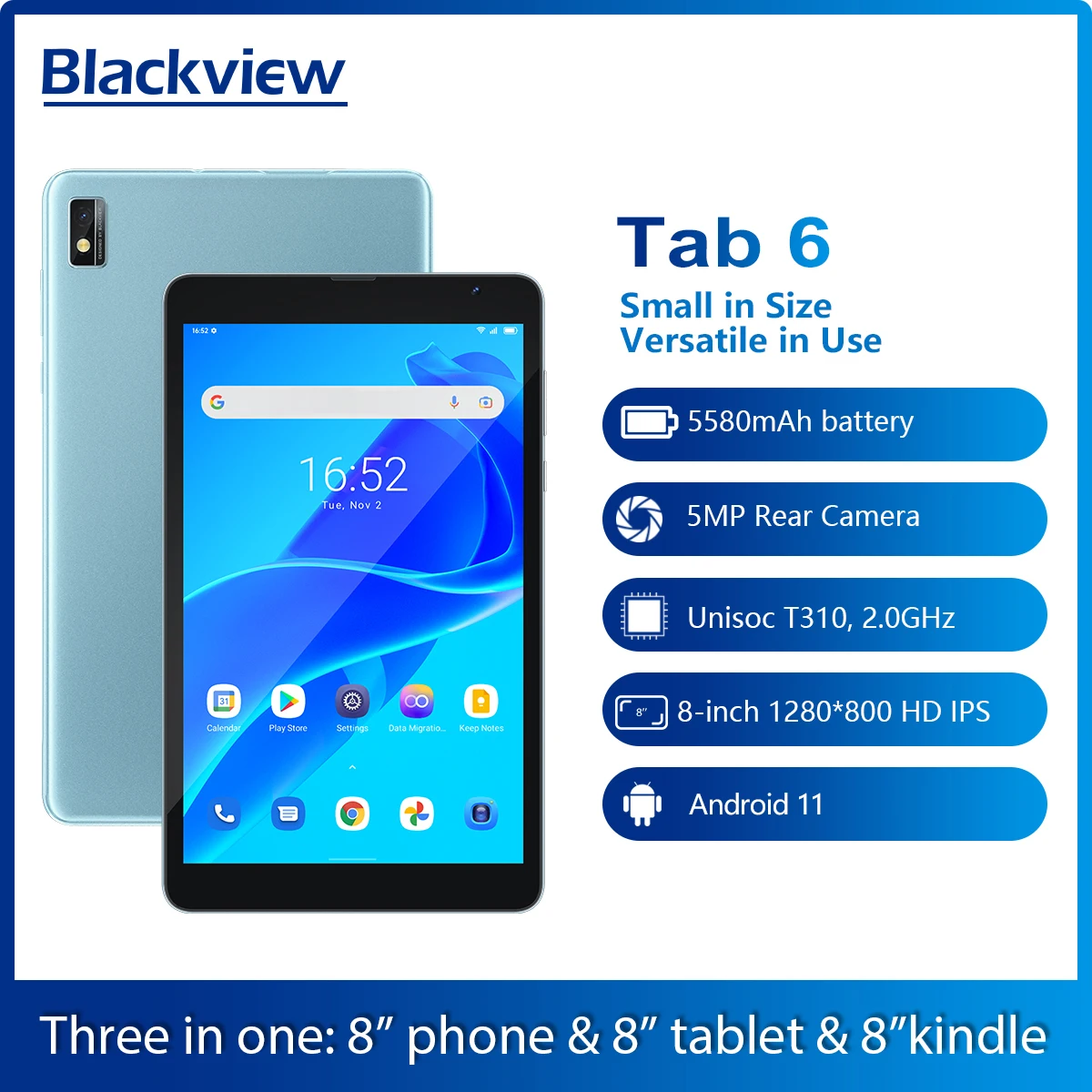 Blackview Tab 6 планшет с 8-дюймовым дисплеем, ОЗУ 3 ГБ, ПЗУ 32 ГБ, 5580 мАч, Android 11