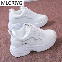 2021 spring new womens vulcanized shoes lace up platform comfortable women chunky sneakers fashion leather white dad shoes