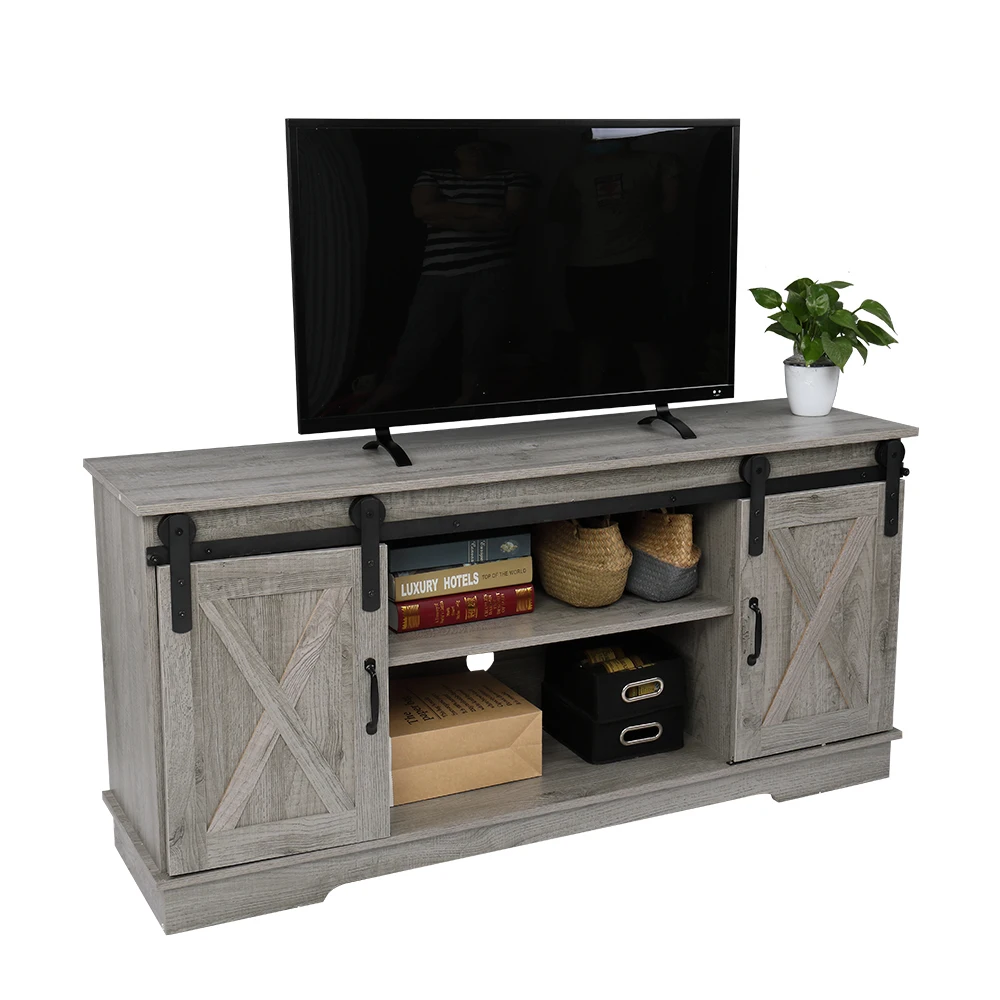 

Multipurpose Sliding Barn Door TV Stand Cabinet with Adjustable Side Shelf Large Storage Space 58x16x28 Inch Gray[US-Stock]