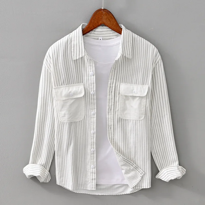

Рубашка L898 Мужская в полоску, модная классическая простая Базовая хлопковая свободная Всесезонная тонкая с карманами, с лацканами, тонкая верхняя одежда