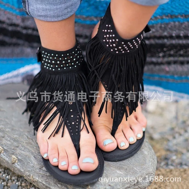 

Women Summer Sandals Gladiator Sandals Flat Heel Bohemia Style Rome Beach Sandals Flip Flop Plus Size Fringe Buckles Flat Slide