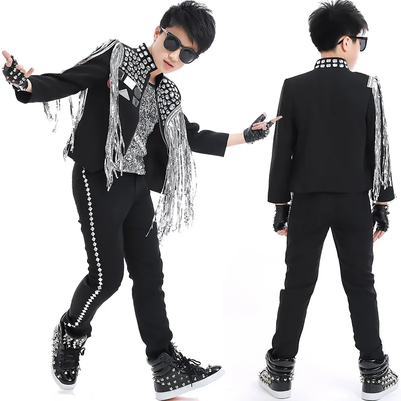 Танцевальные костюмы в стиле хип-хоп для мальчиков серебряное пальто с бахромой