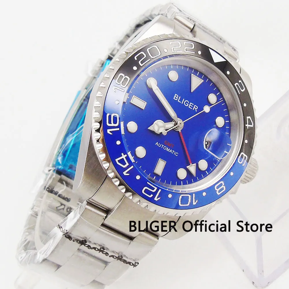 BLIGER роскошные механические мужские часы Функция GMT сапфировое стекло окно даты 40
