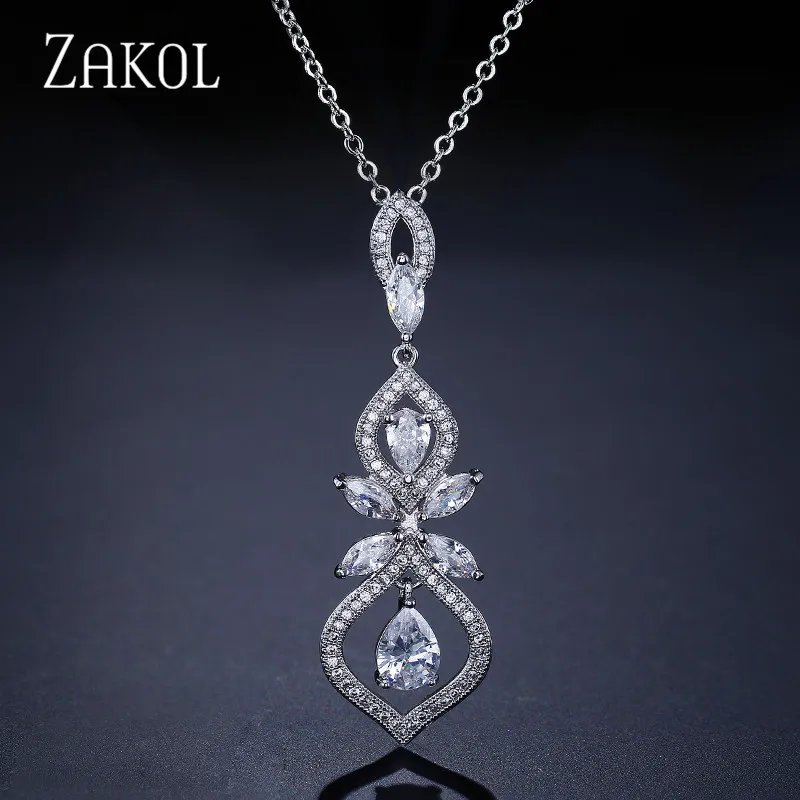 ZAKOL изысканный лист CZ свадебные украшения для женщин модная люстра Висячие подвески и ожерелья юбилей FSNP2052 - Окраска металла: Rhodium plated