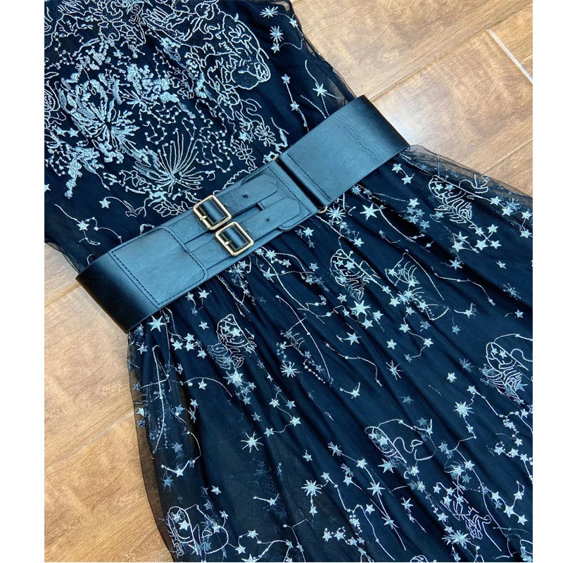 

women animal star embroidery long dresses with belt new design women party vintage full dress