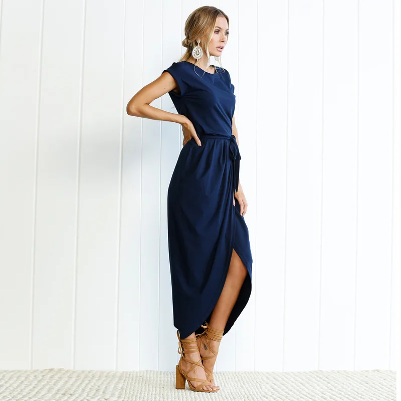 

2019 Summer Women's Bohemian Beach Dresses Personality Slim Tunic Long Casual Short-Sleeved Waistline Asymmetrical Vestidos#5