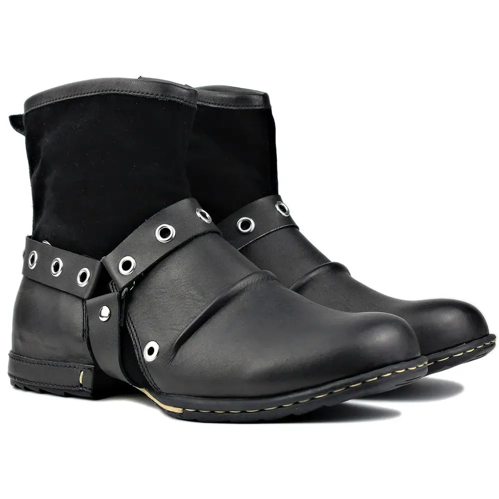 

Men's Ankle Boots Cowboy Chukka Boots Zipper-up Motorcycle Boots Genuine Leather Men Handmade Western Boots Belt Designer Shoes